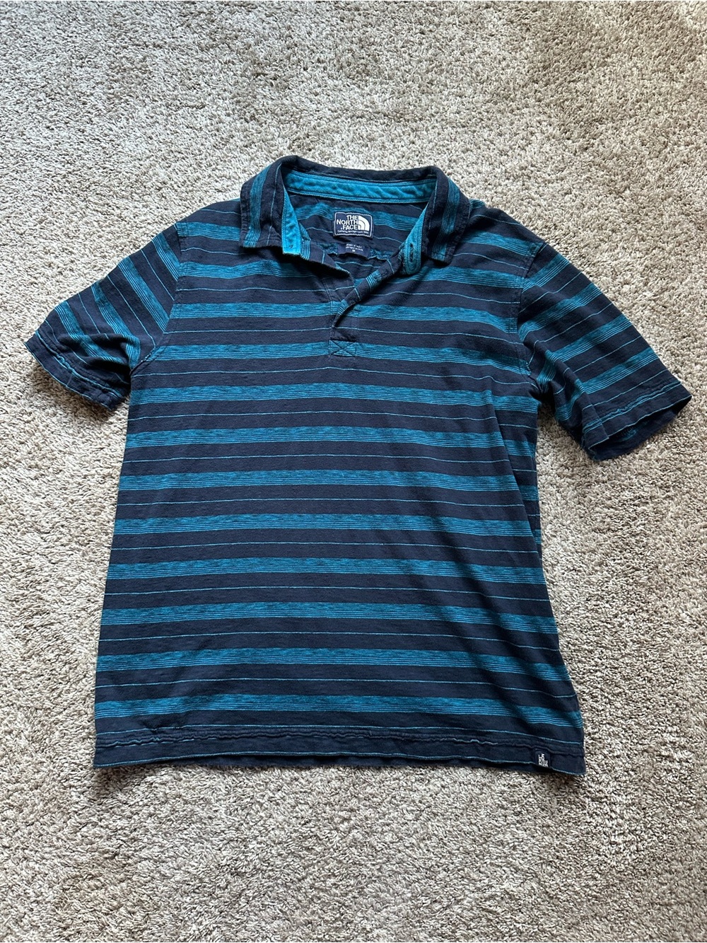 Vintage The North Face Striped Navy and Teal Polo